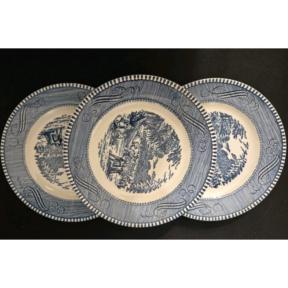 Lot of 3 Vintage Blue Currier and Ives 6.25" Bread & Butter Plates Harvest Scene